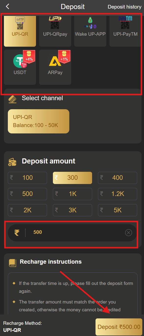 BDG Games wallet deposit page showing payment options