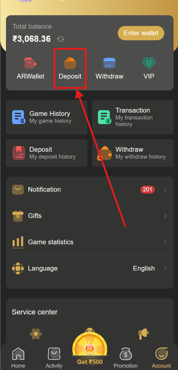 BDG Games account screen